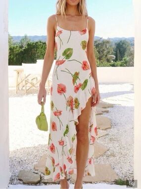 Reformation Winola Floral High-Low Ruffle Maxi Dress | Ivory Pink Green
